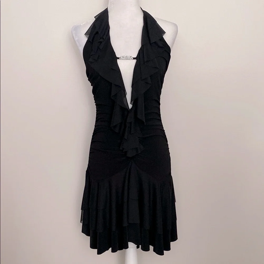 Vintage 90’s Venus black ruffle ruched bodycon mini dress - Picture 1 of 13